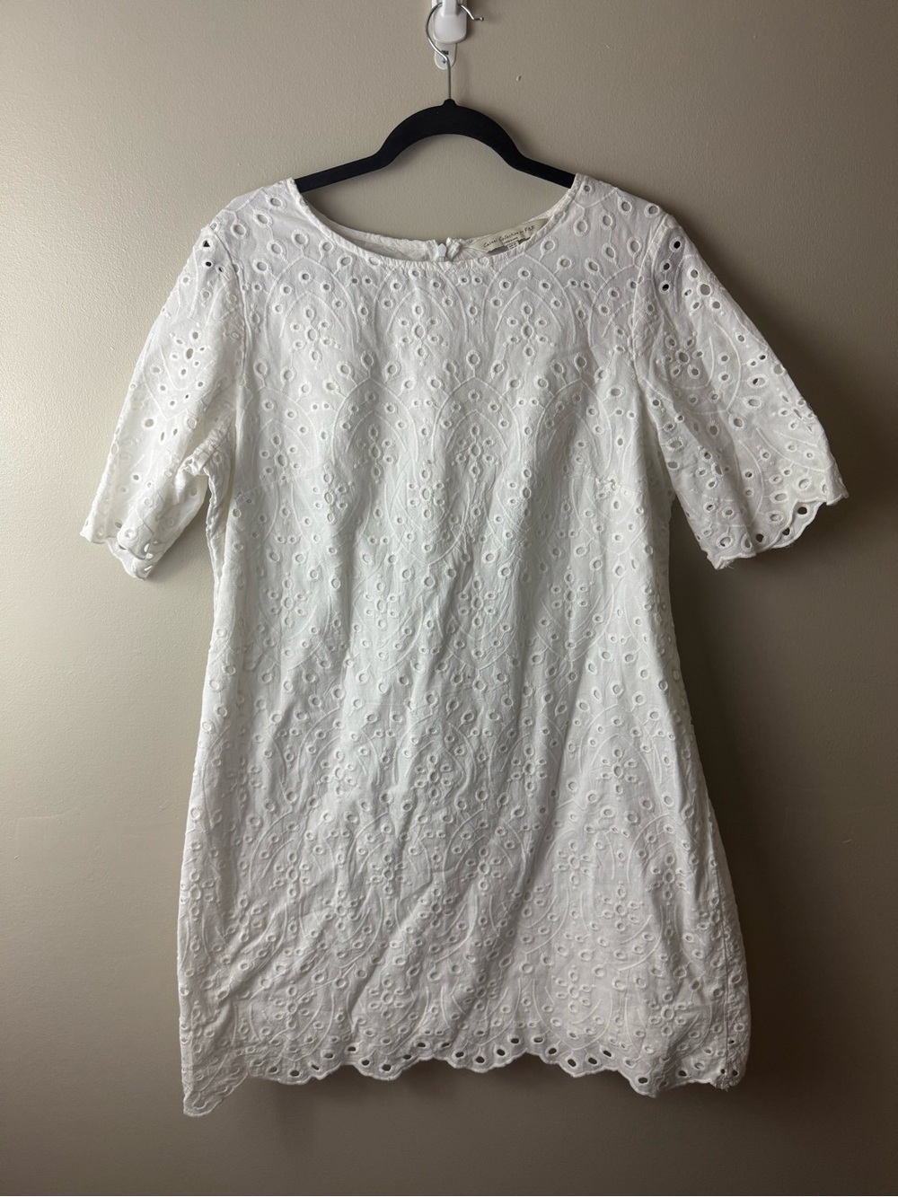 F&F White Eyelet Mini Dress with Scalloped Hem Casual Cotton Size 12